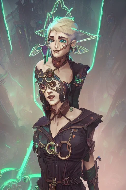 beautiful steampunk elf in a neon dystopian city