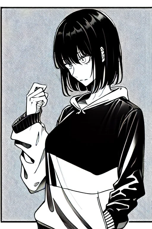 thoughtful girl in a loose sweatshirt, line arts, greyscale, death note style