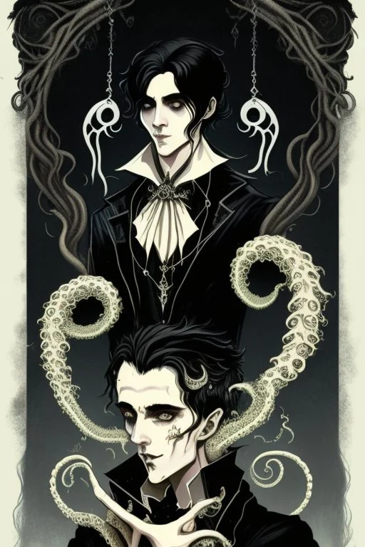 black haired young man necromancer wizard with gothic jewelry and tentacle fingers in the style of Fyodor Pavlov