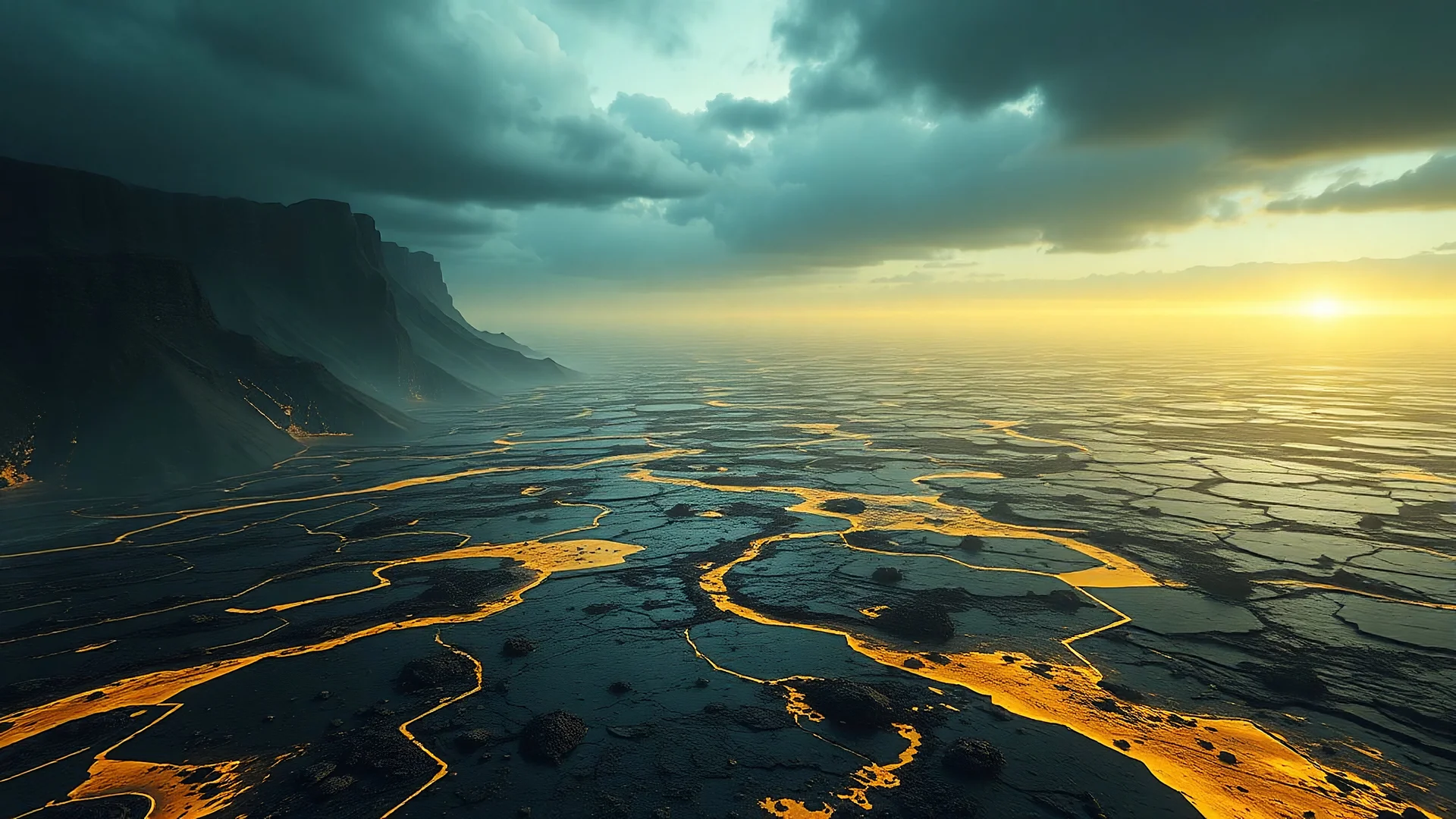 aerial view of a landscape covered in tar and sulfur that looks futuristic with futuristic lighting, horizon, realistic rendering