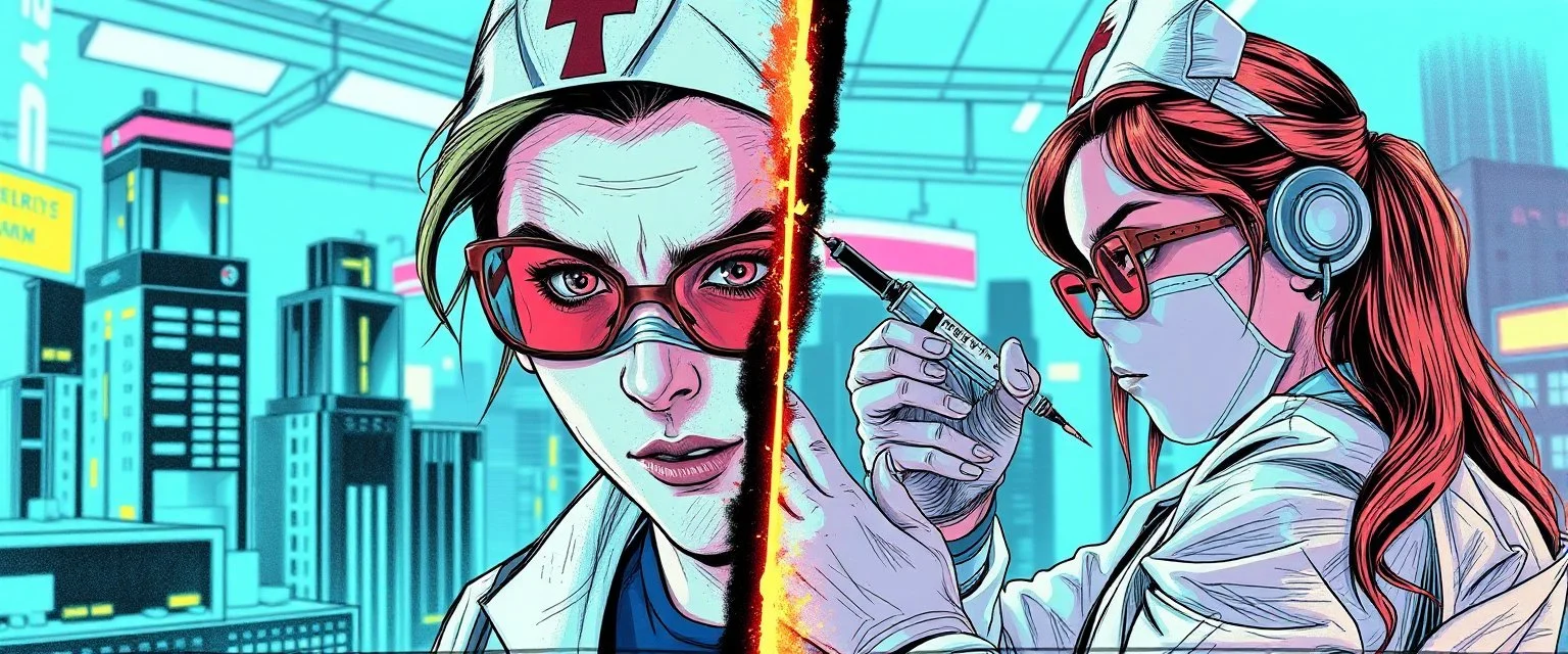 cyberpunk mega city fallout 4, airbrush and pen outline, A cinematic, high-end advertisement image for a fictional service called “Business Women Spice Girl Nurse Glam Fashion Party™”. Split-screen composition with two contrasting emotional states. Mad scientist getting injected.