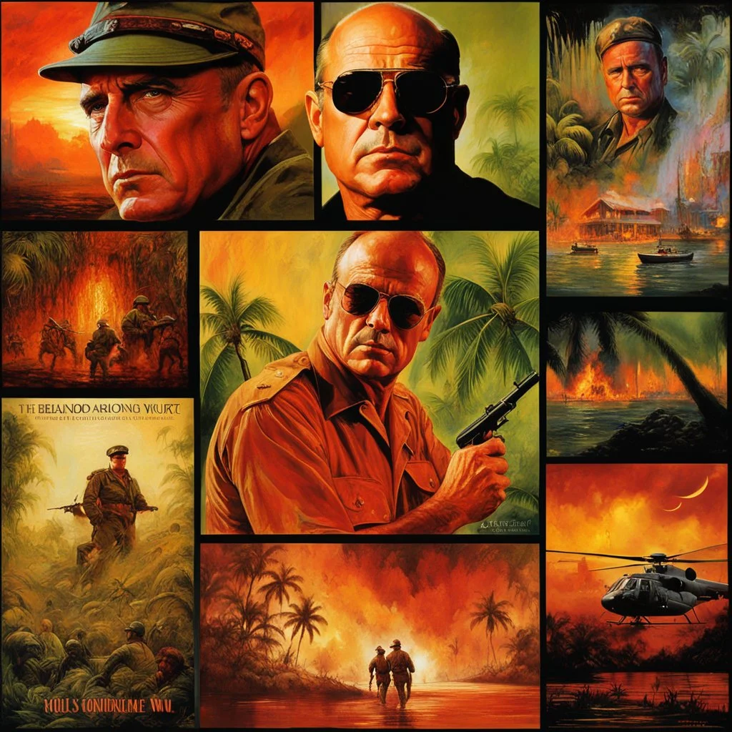 Artistic movie poster art by Drew Struzan of bald Marlon Brando as Colonel Kurtz in "Apocalypse Now", military choppers, insane jungle war torn hellscape, deep red sunrise, by Dave McKean, by Josephine Wall, Brando's tortured mournful countenance and unsettling aura dominating the canvas, multi layered masterpiece, double exposure effects by Andreas Lie, photorealistic movie poster, war is hell