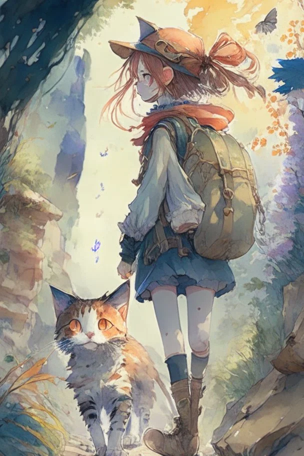 a girl and cat on a adventure, 4k, full detail, high resolution, digitalart, anime, watercolor