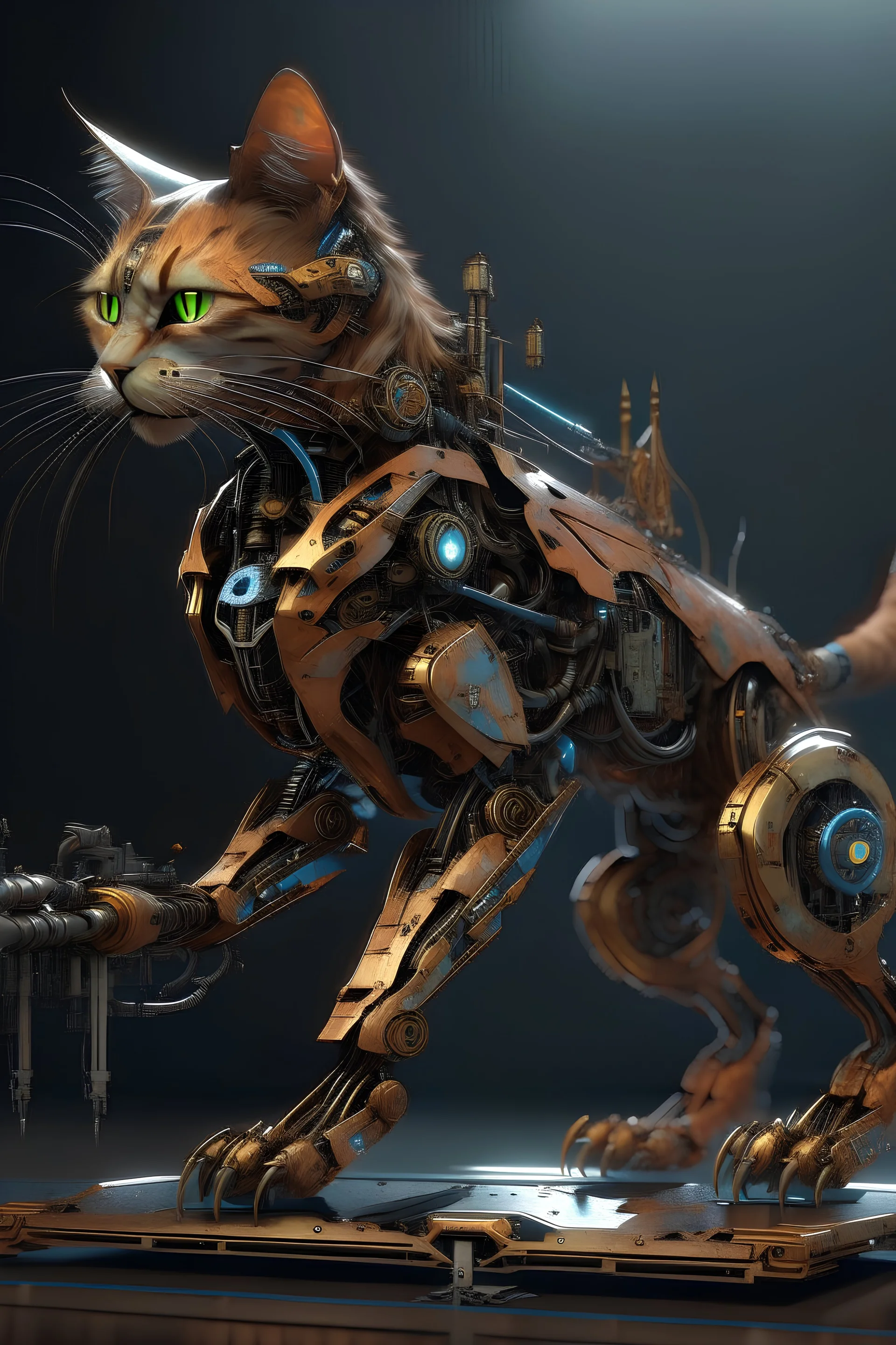 A full length cyber cat mixed with a rusted robot, wing, carrying a weapon,8k ultra detail, baroque painting by AI