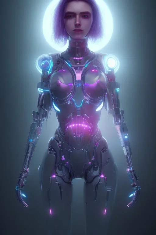 Beautiful futuristic cyborg girl portrait, robot body, human face, purple glow