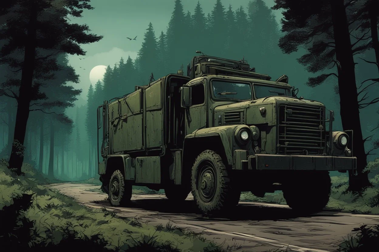 Military truck on a road, forest, overgrown apocalyptic, comic book, cinematic, far,