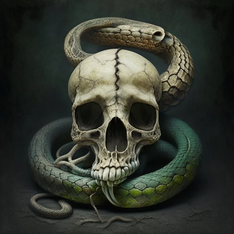 A rotting skull with a snake coiled around