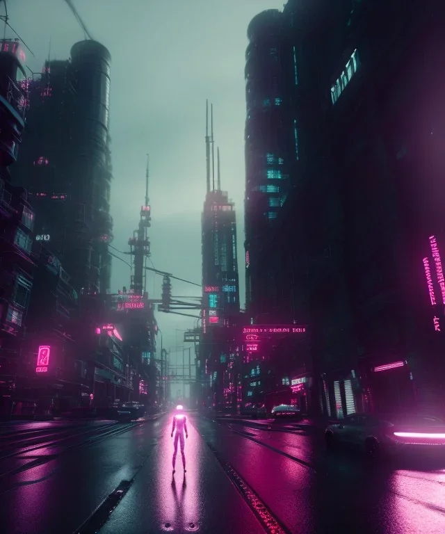 circular white moon, 3D, beautiful, light reflecting, empty city, midnight, rainy night, neon, cyberpunk, person walking