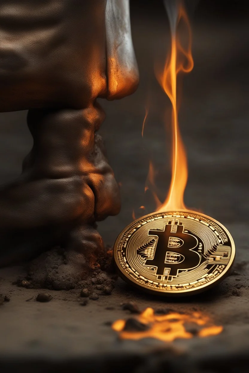 A Bitcoin logo is burned into the skin of a man's leg calve by an old branding iron, the kind that was used for animals. It's dramatic and happended in the moment, close view. It is still hot and steam can be seen from the burn mark. Hyper realistic photorealistic painting, dramatic, ultra detailed, cinematic lighting,