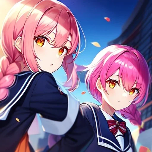 girl, masterpiece, best quality, volumetric lighting, detailed outfit, perfect eyes, pink hair, orange eyes, school outfit, braided ponytail,