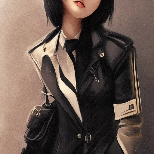 A beautiful slender well dressed young Asian woman with short black hair and a black trench coat, waiting for a man at night at a train station in London