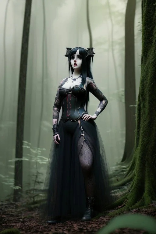 full length photo of a tig biddy goth girl, looking at camera, background is a dense forest, highly detailed, 4 k, hdr, smooth, sharp focus, high resolution, award – winning photo