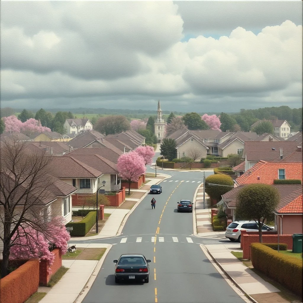 a glimpse of the suburban city, everything is, the landscape seems to be made of felt, pastel colours, some people and cars, René Magritte style, obsessive, paranormal