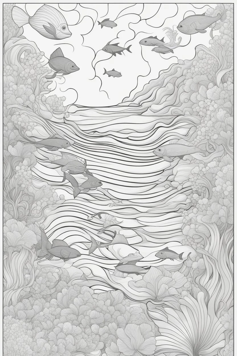 Stress Relief themed coloring page for adult, cartoon style, thick outline, No details, No shading, No colors, no background, black outline only, A cute underwater world filled with graceful sea creatures and soothing waves