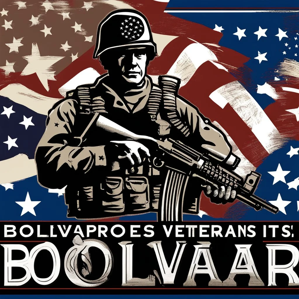 The text "Bolivar appreciates its veterans" with some blue stars and an American flag and a silhouette of a soldier. None of the components of the image should look plastic.