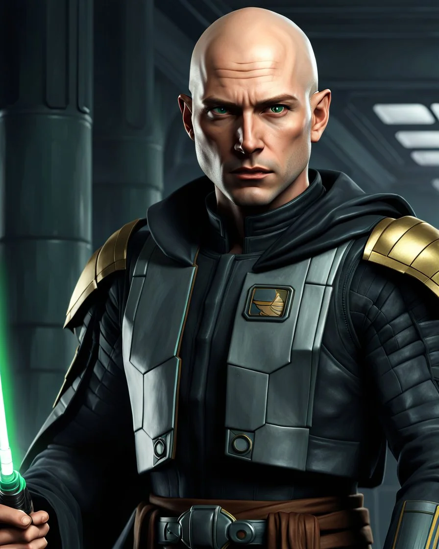 star wars bald male corellian jedi pilot wearing black and gunmetal grey old republic armored robes with gold trim inside the jedi temple holding a lightsaber with viridian green blade in left hand, centered head and shoulders portrait, hyperdetailed, dynamic lighting, hyperdetailed background, 8k resolution, volumetric lighting, light skin, fully symmetric details