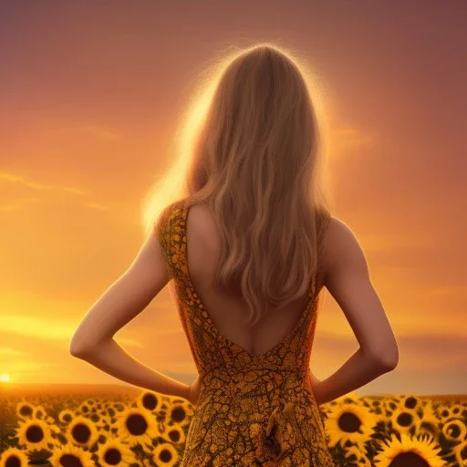 woman, back view, long brown dress, blond hair, sunflower field, sunset