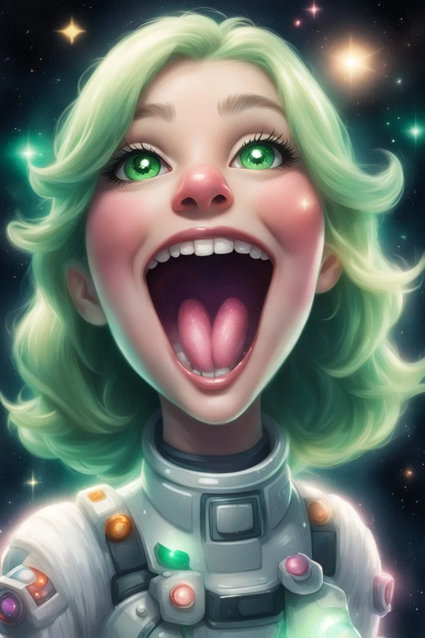 Star with green eyes, smiling with her tongue out, she shines a lot! It's in space