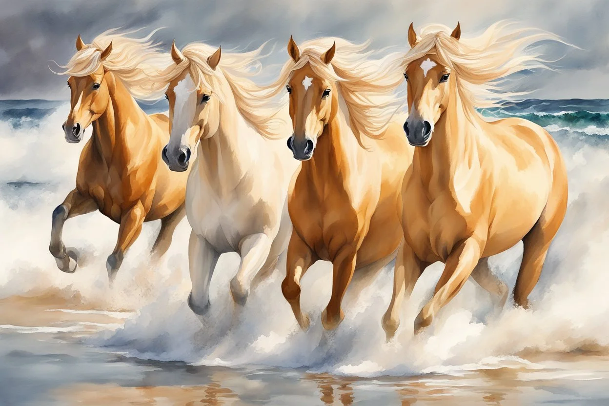 Stunning watercolor style portrait of three powerful palomino horses, galloping strong on the seashore. The waves crash behind them, the sky is filled with stormy clouds. Their manes and tails flutter in the wind and their muscles become defined as they exert their strength. Dynamic, energetic atmosphere, capturing the essence of freedom and power