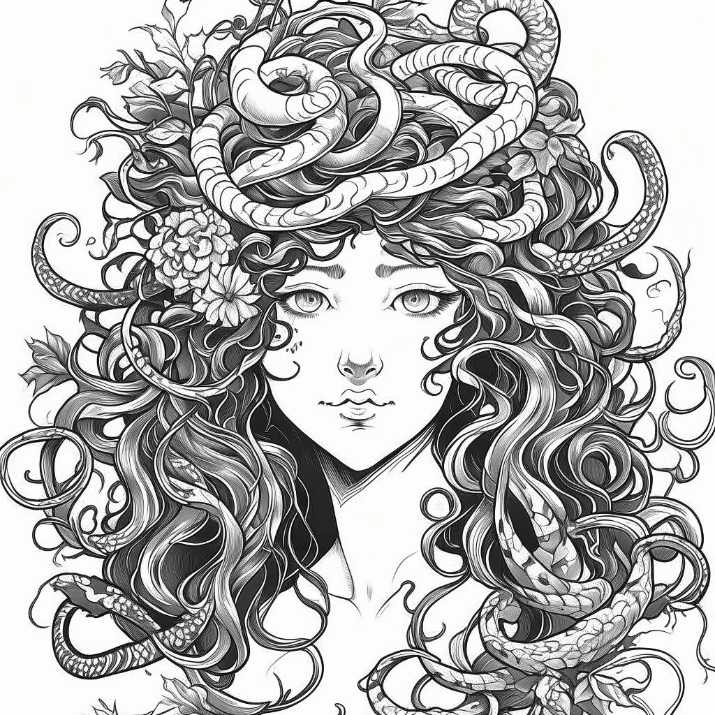 Make black and white cute drawing of a Medusa with black bold lines. Only outline, no grayscale. A Medusa with a head full of smiling, tiny snakes, instead off a hair! She’s standing in a garden of stone statues that she has lovingly decorated with flowers, showing a gentle personality.