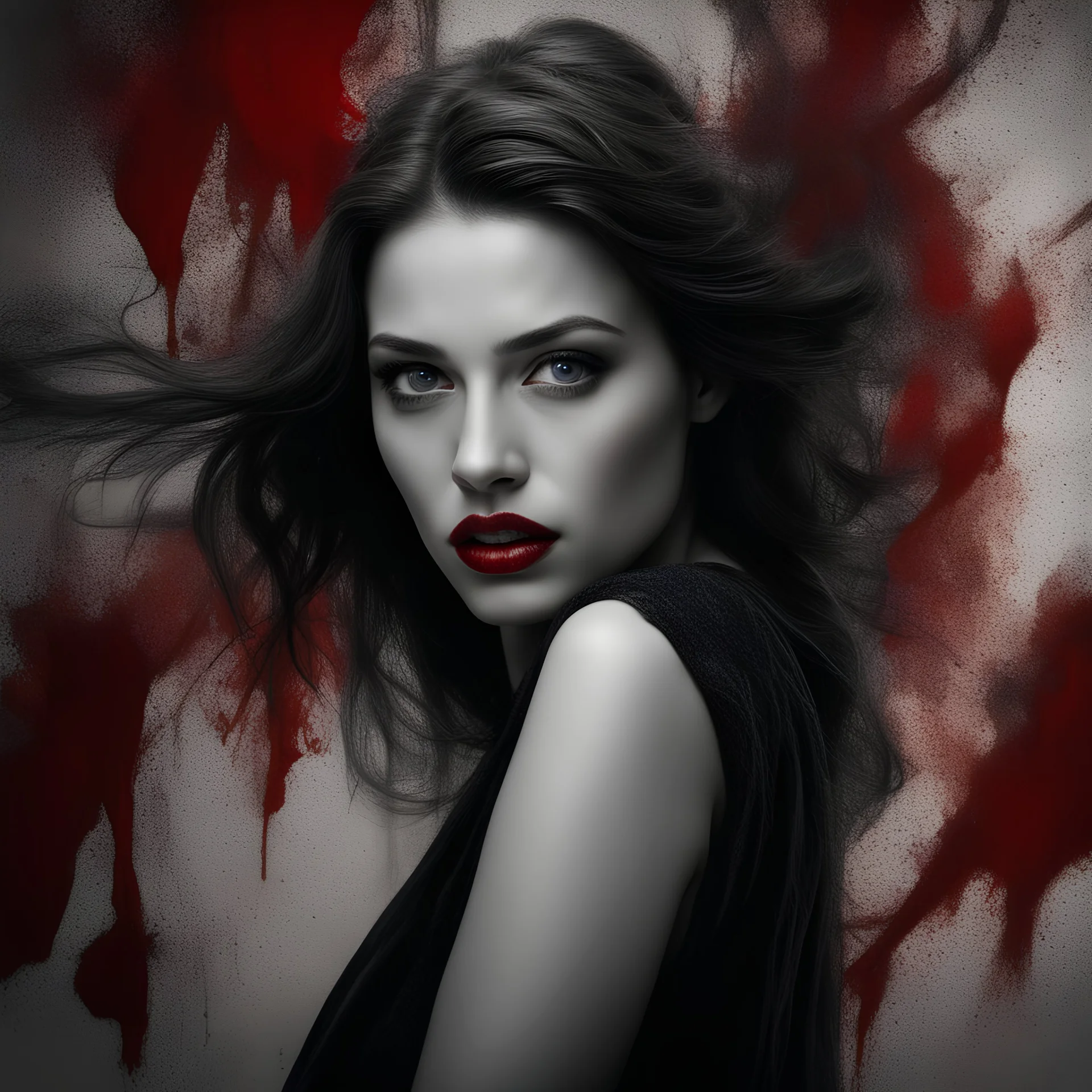 "A beautiful woman standing in a dark, realistic darkblue eyes, mixed media, black and white textures, splashes of red, red lips, 3D image Nikon D850 sharp focus elegant Award winning photography fantasy intricate 8k very attractive beautiful dynamic lighting hyperrealistic"