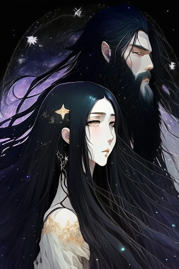 Celestial anime woman, long black hair, with bearded man
