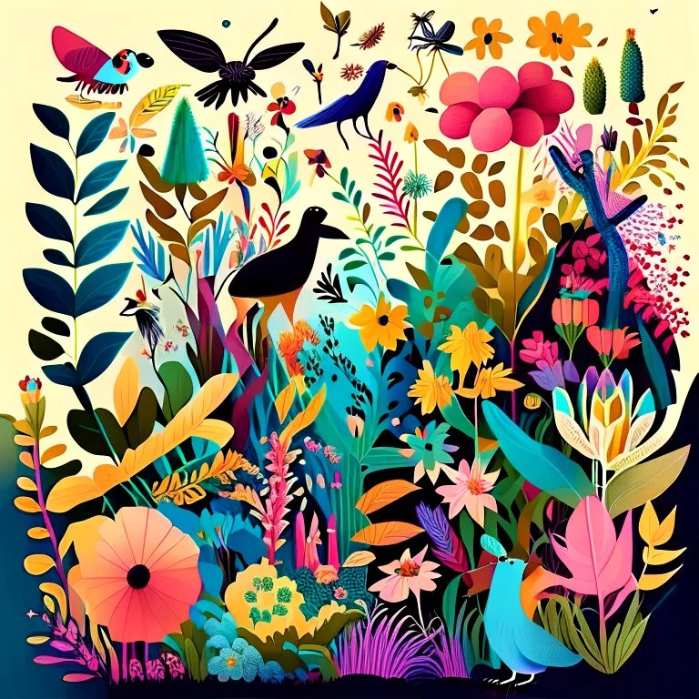 Illustrate a vibrant garden blooming with diverse flora and fauna, representing creativity and inclusivity. Show different species of plants and animals coexisting harmoniously, symbolizing the value of diversity and inclusion in fostering creativity.