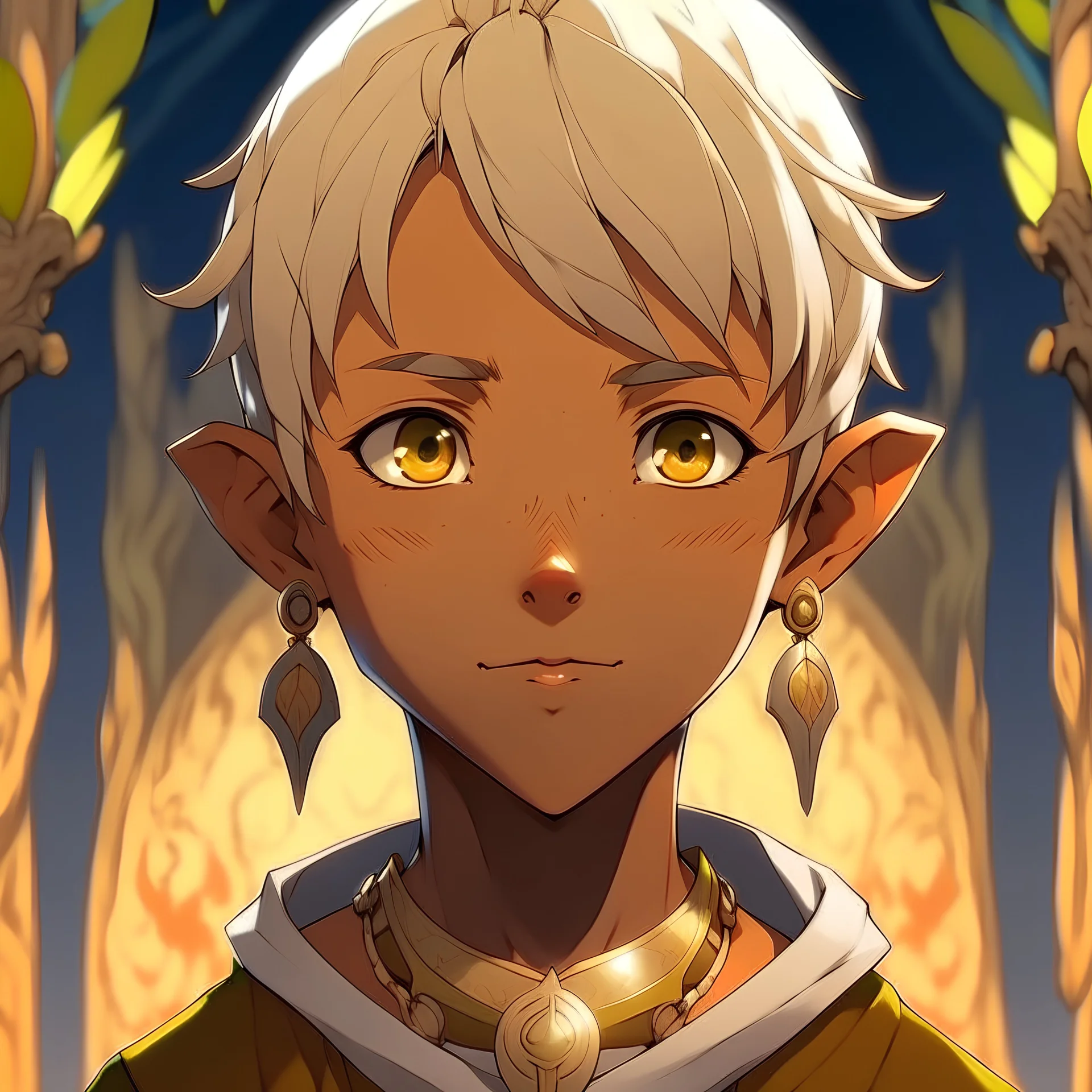 10 year old boy with pointed ears and short short blonde hair dark skin monk in fantasy anime