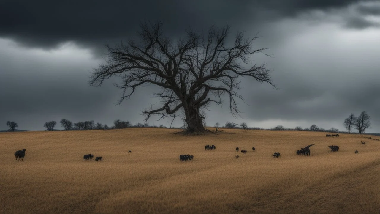 LUMPED HILL CULTIVATED WITH WHEAT WITH A DRY TREE, ON A DARK DAY WITH THREATENING CLOUDS, IN MEDIUM SHOT AND HDR LIGHTING, 4K, SOME CROWS ARE POSTING ON THE TREE AND SOME COWS GRAZE ON THE GROUND, MELANCHOLIC ATMOSPHERE