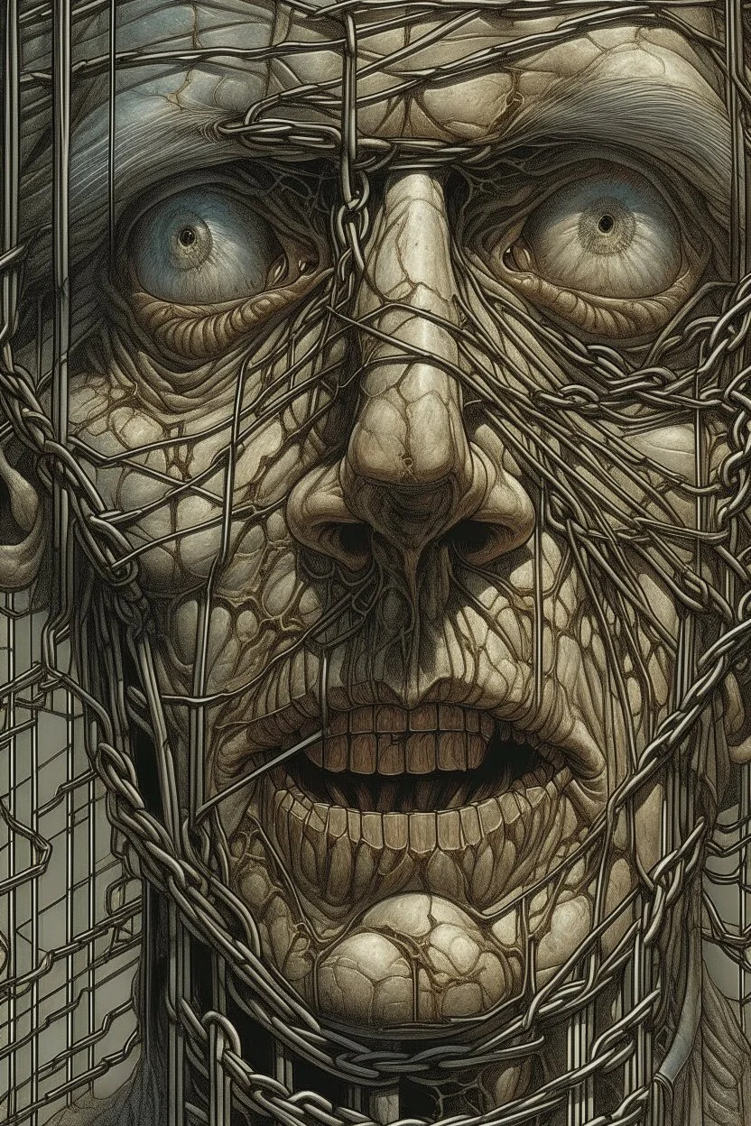 The face of a prisoner man with iron lucked on his mouth . Scary face , decayed and rotting with grotesque proportions and imagery. abstract grotesqueries, detailed texture, surreal horror, biomechanical design, by hr giger and beksinski