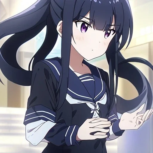 Clear focus, High resolution, short black fluffy hair, long locks, chopped bangs, pony tail, purple eyes, wearing a sailor uniform, (solo), anime screencap