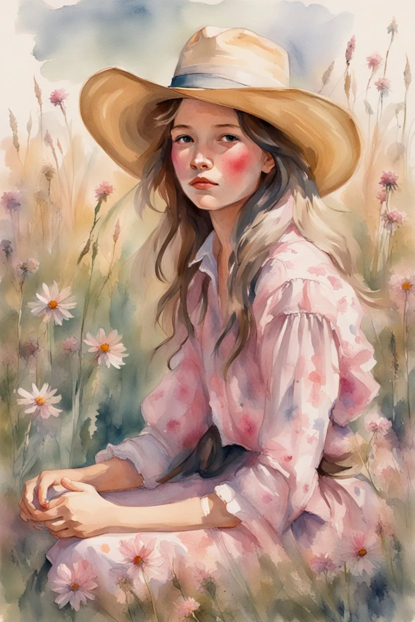 P: a young old-time cowgirl sitting in wildflowers and tall grasses, peaceful vision, wisps of hair around her face, straw hat, pink floral dress, muted colors, soft watercolor