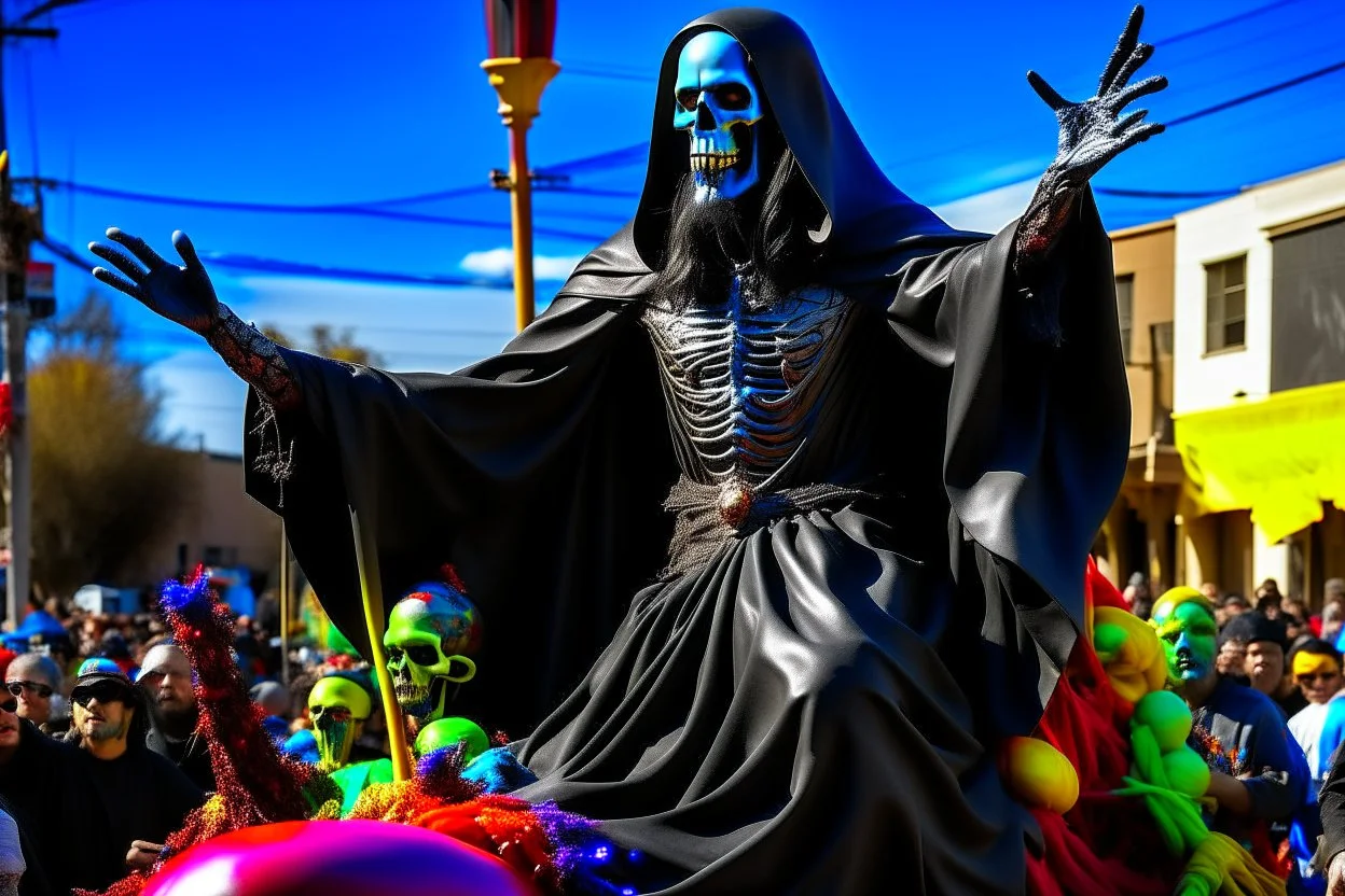 cartoonish jesus parade balloon pulled by multiple grim reapers, multi colored, bright, vivid, psychedelic, high detailed, high gloss, insanely detailed, matte, horrorcore, lining the street, unsettling contrast, monument to death, live action shot grim reaper parade, pulling a jesus parade float