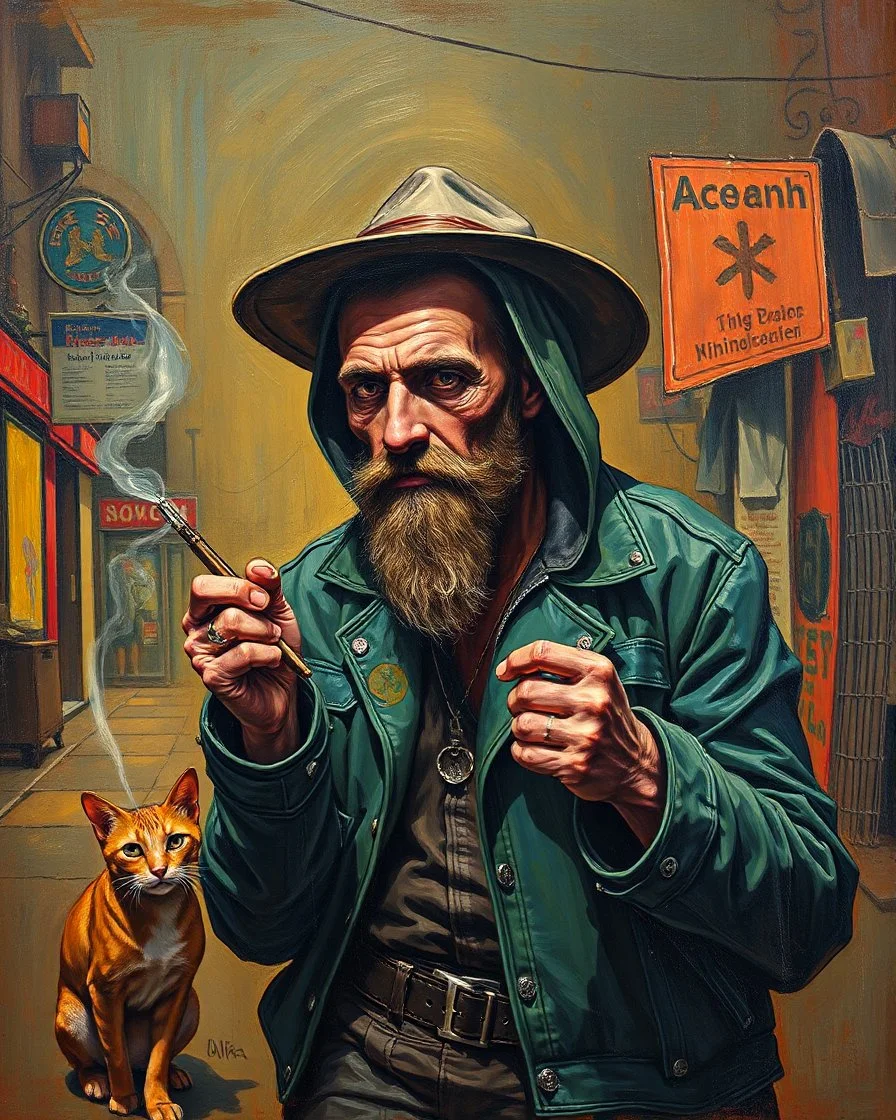 Bosch painting style ,nightmare, street baggers, hashish smoker , prostitute , and stray dogs , and cats,