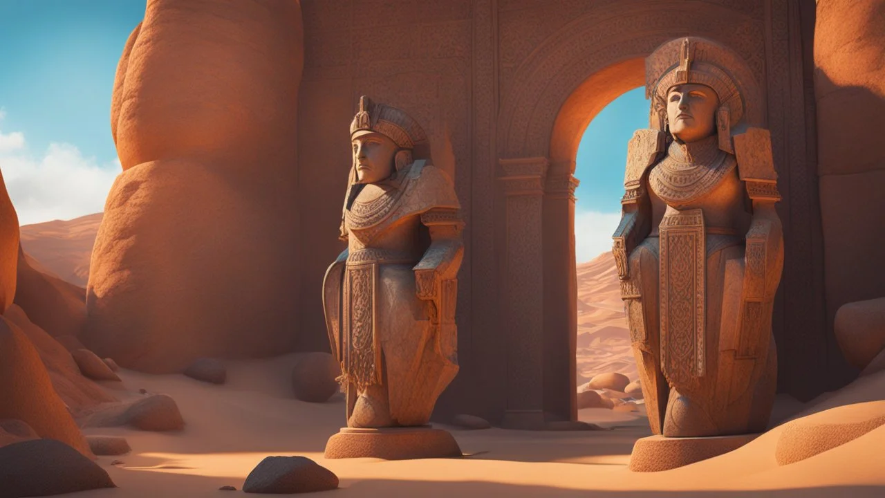 an ancient magical portal. stone golems. desert. cinematic lighting, hyper realisme, Hyperrealistic, splash art, concept art, mid shot, intricately detailed, color depth, dramatic, 2/3 face angle, side light, colorful background