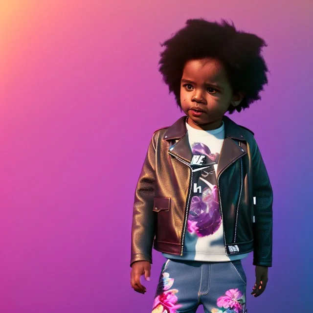 Zaire beetz toddler, full body, leather jacket, floral shirt, floral skirt, Nike sneaker, soft skin, city background, dramatic lighting, hyper realistic