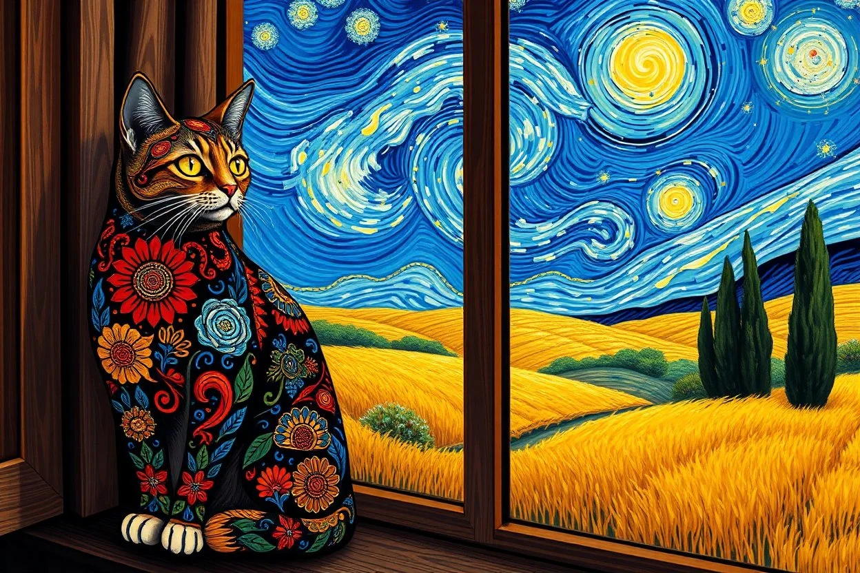 “An intricately decorated cat sits on the windowsill, adorned with mandala patterns and rich ornamental designs in bright jewel colors. Outside the window: a swirling Van Gogh-style landscape, with golden wheat fields, bold cypress trees, and a deep blue sky filled with motion and stars, painted in expressive strokes. The view is vibrant and emotional, echoing the cat’s mystical presence. --ar 16:9 --v 7 --style raw”