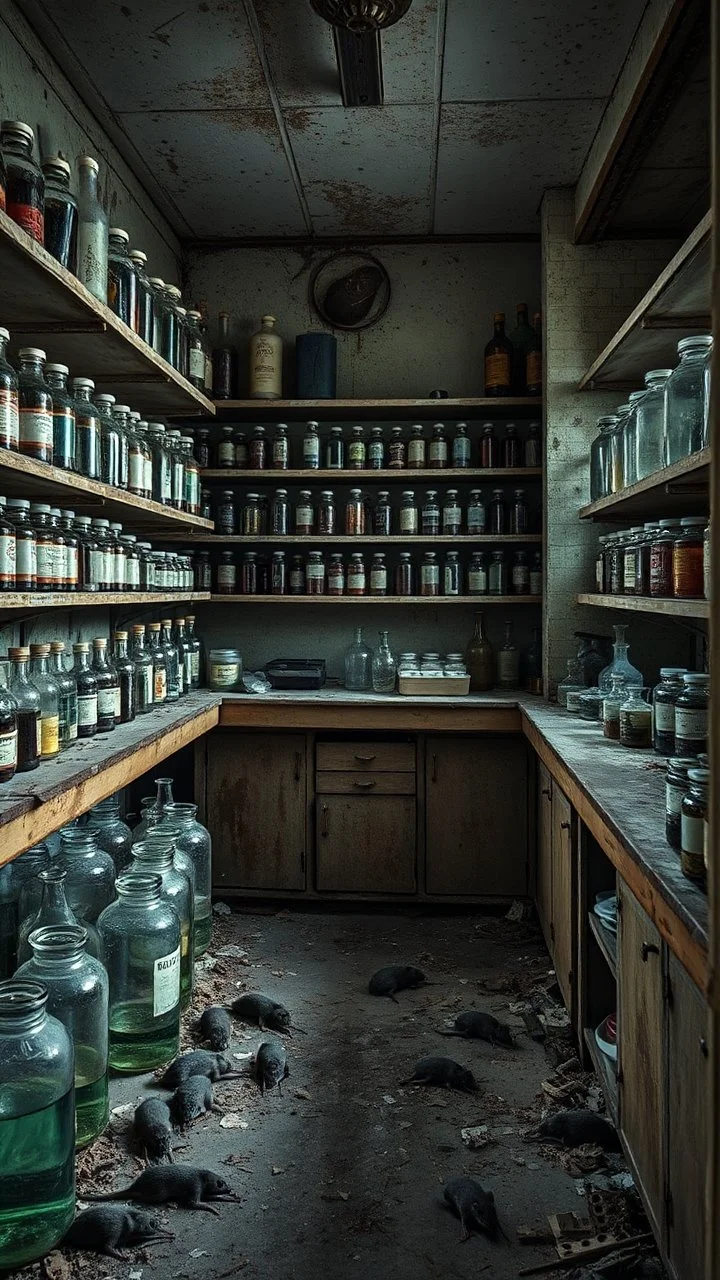 An old abandoned pharmacy with a dusty shelf’s and corrosion and dirt also broken glass bottles on the floor with dirty chemicals liquid and a dead rats also a laboratory tubes and jars