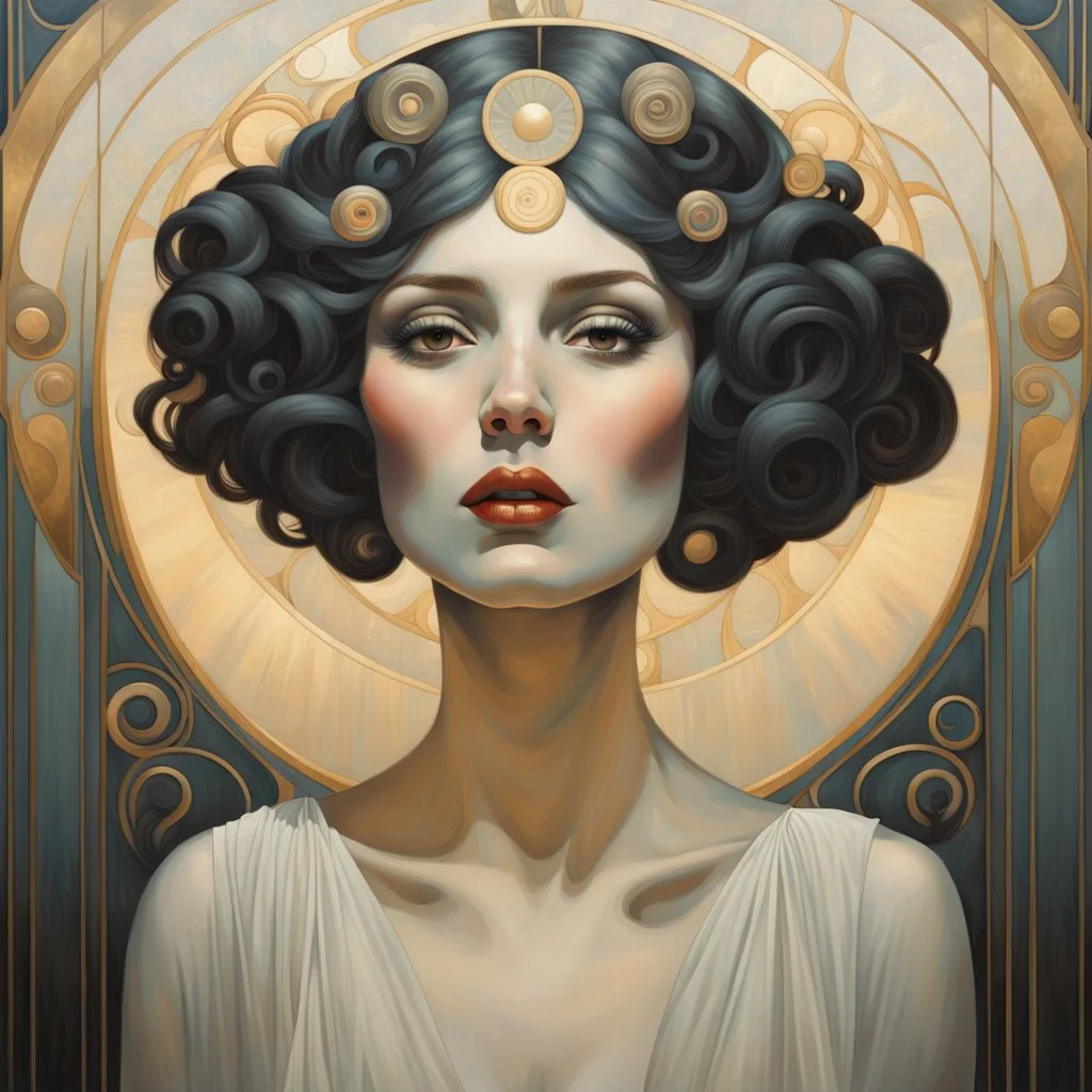 a large painting of a woman's face on a wall, mucha klimt and tom bagshaw, this painting is a large canvas, realistic art deco, large painting, mark brooks and brad kunkle, beauty art nouveau woman, elegant art, hyperrealistic art nouveau, big canvas art, female art, by John Keane, art deco painting, art. art deco