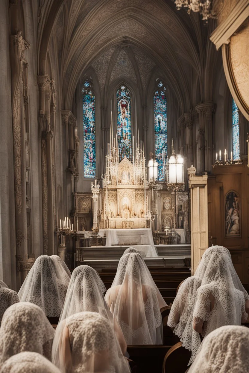 7 sisters wearing lace veil praying in church.cinematic.dark mood