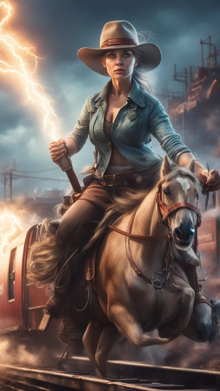 hypnotic portrait of a yoga instructor on a horseback,flashy magazine cover illustration, fallout 4 docks setting, horror weird cowboy wizard cyberpunk weasel in female garments on top of train ,holding dynamite, getting hit by lightening electric arc, with big disturbed eyes,bokeh like f/0.8, tilt-shift lens 8k, high detail, smooth render, down-light, unreal engine, prize winning