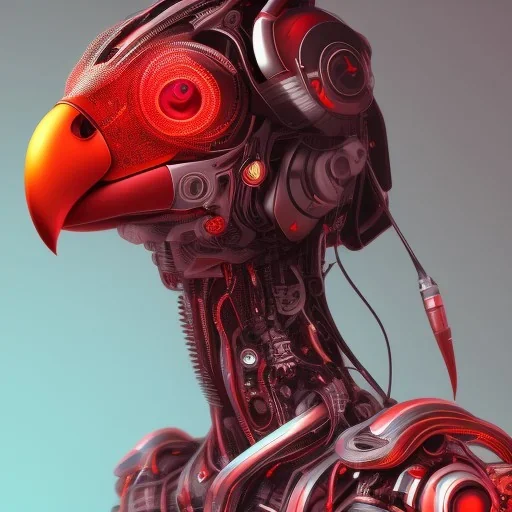 A beautiful portrait of a cyborg bird red color scheme, high key lighting, volumetric light high details psychedelic background