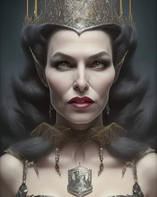 old evil queen in black leather gown, volouptous, busty, cleavage, angry, emperious, 8k resolution concept art portrait by Greg Rutkowski,