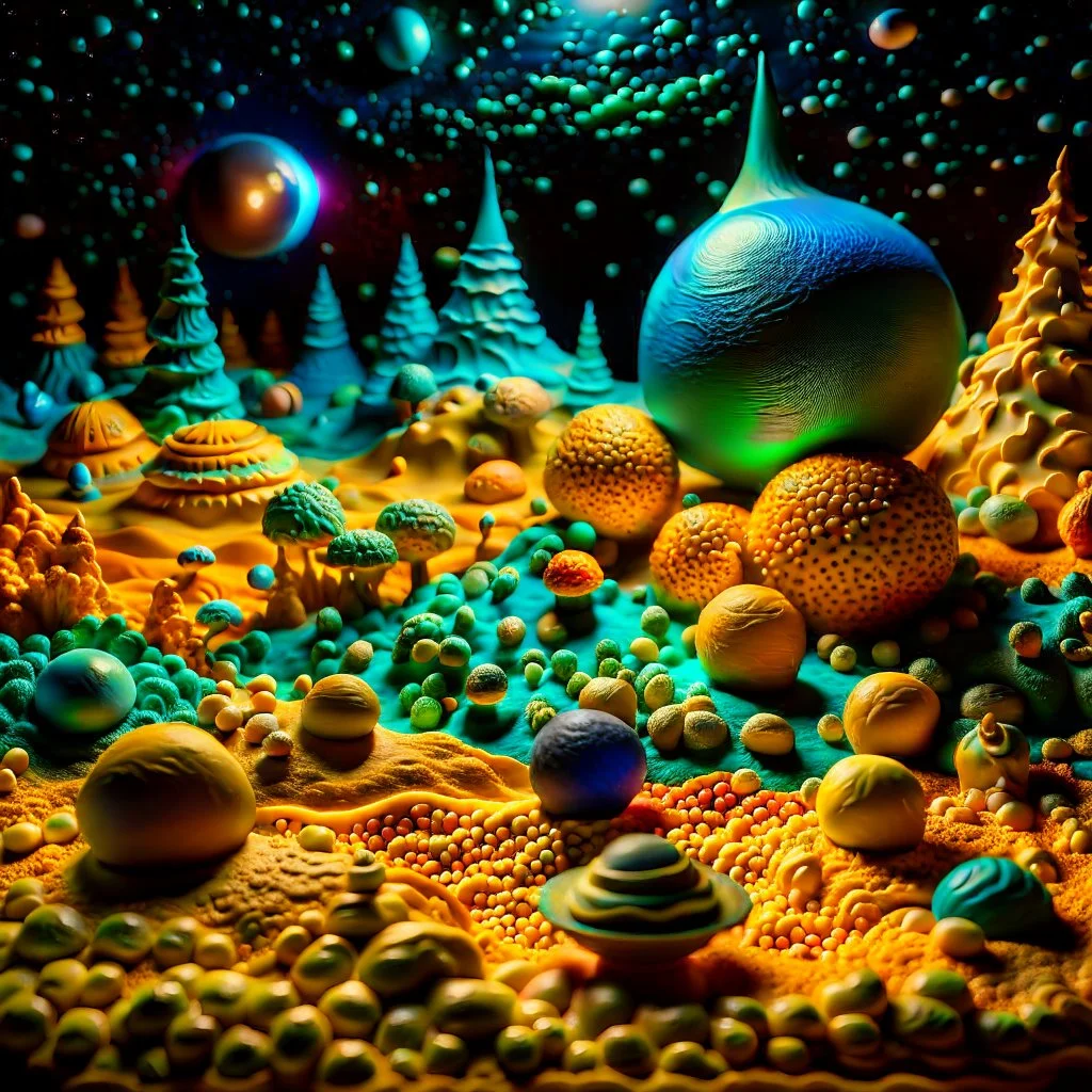 Detailed creepy landscape made of modeling clay, stars and planets, Roger Dean, Tim Burton, strong texture, Ernst Haekel, extreme detail, Max Ernst, decal, rich moody colors, sparkles, bokeh, odd