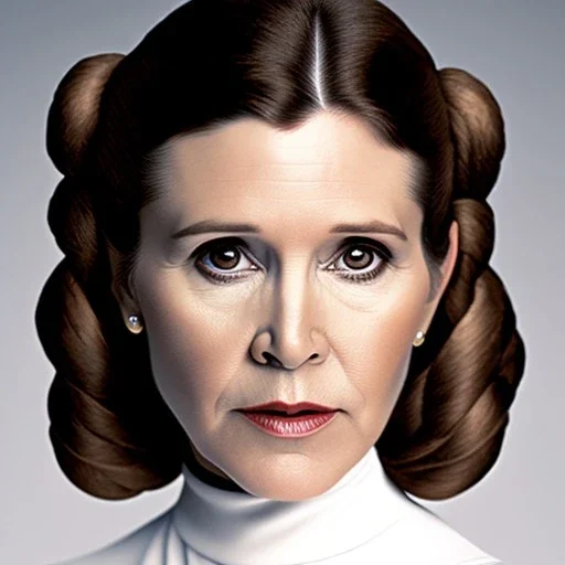 half-length color photo shoot, three-quarter face pose of carrie fisher as Princess Leia with realistic fine and very simple short hair, entrancing deep brown eyes, Intricate, High Detail, Sharp focus, realism, beautiful and detailed lighting, Nikon D850, ef 85mm 5.6 by Annie Leibovitz