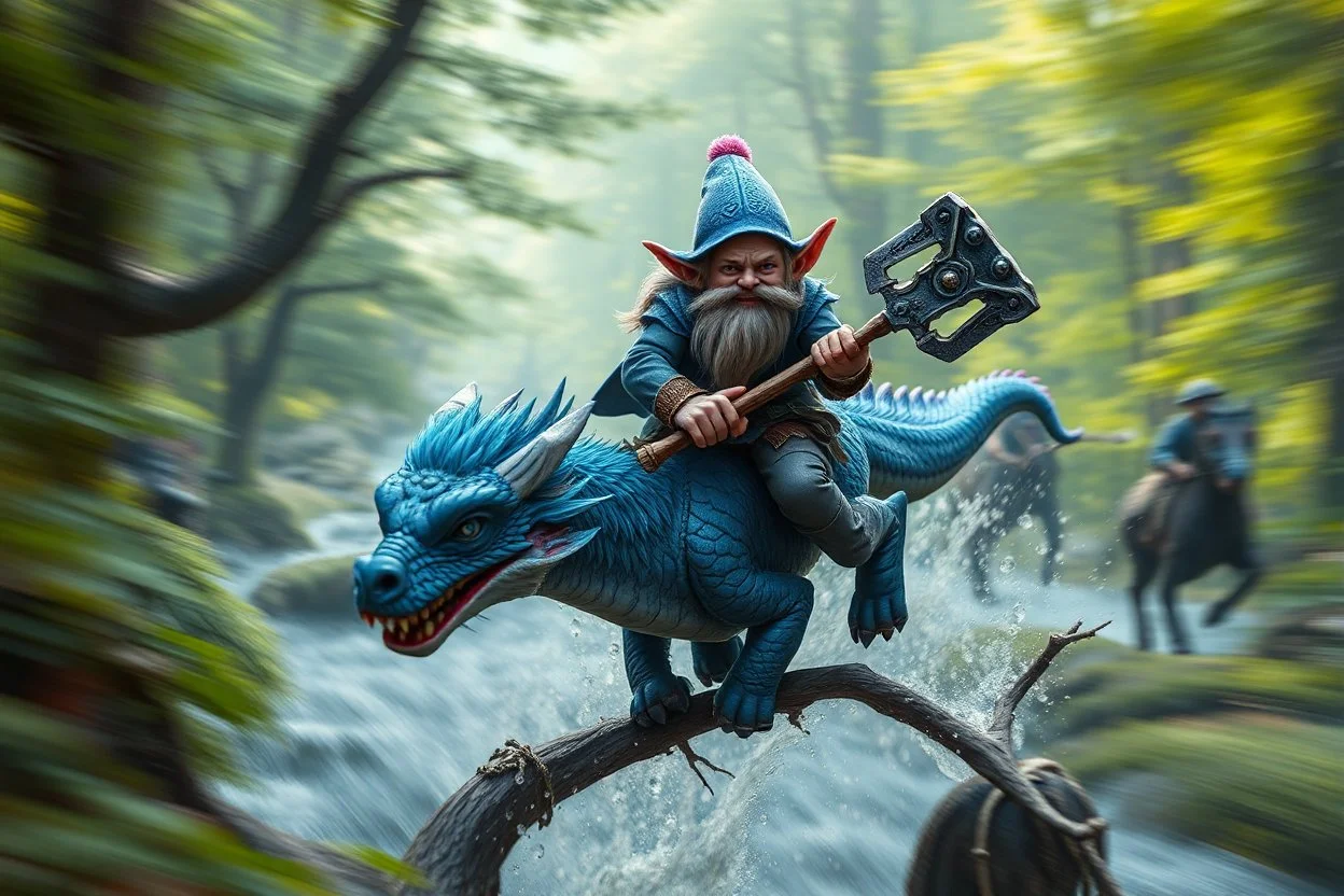 oil painting ,motion blur portrait of harpy - Forgotten Realms dodging cyberpunk dwarf with warhammer riding tiny furry blue and purple dragon above water and along winding branches in lush green forest along speeding horses , bokeh like f/0.8, tilt-shift lens 8k, high detail, smooth render, down-light, unreal engine, prize winning