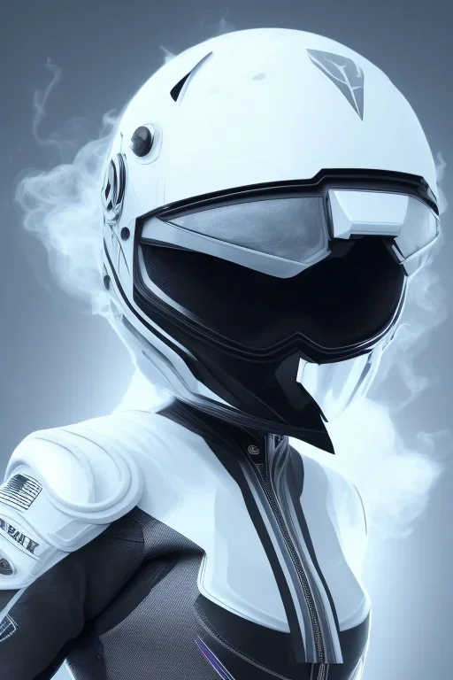 Black racing suit AnnaSophia Robb, portrait, bright white eyes, wearing high tech racing helmet, white smoke, dark, rage, sorrow, high definition, ultra 8 k, volumetric lighting, blue fire, fog