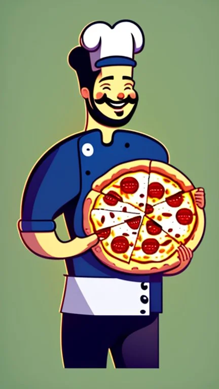 A design of a chef holding A plate of pizza his hand in a professional manner, without the background, He smiles and closes one of his eyes, cute cartoon ,Only his upper body is shown