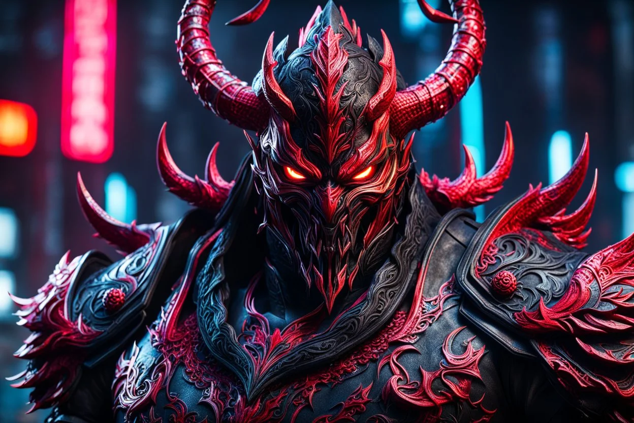 Carnage oni in 8k bloodborn artstyle, ronin costum, galaxy mask, cover face, dynamic pose, oshare kei, hurufiyya, rtx , neon lights, intricate details, highly detailed, high details, detailed portrait, masterpiece,ultra detailed, ultra quality