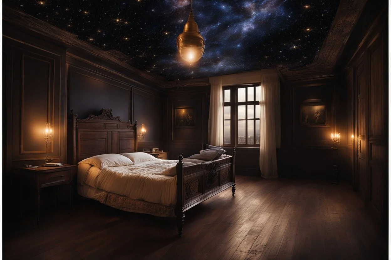 strange evening in vintage bedroom, deep dark colors, old wood floor, old antique bed, pale lights, sharp contours, old balkony, ceiling the galaxy with stars, nightly lights, etheral, mystic, stunning, cinematic